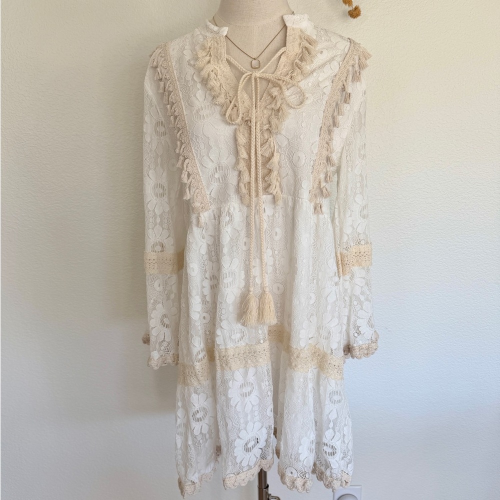 🇬🇷 Greek Santorini Lace Boho Dress with Tassels White Beige